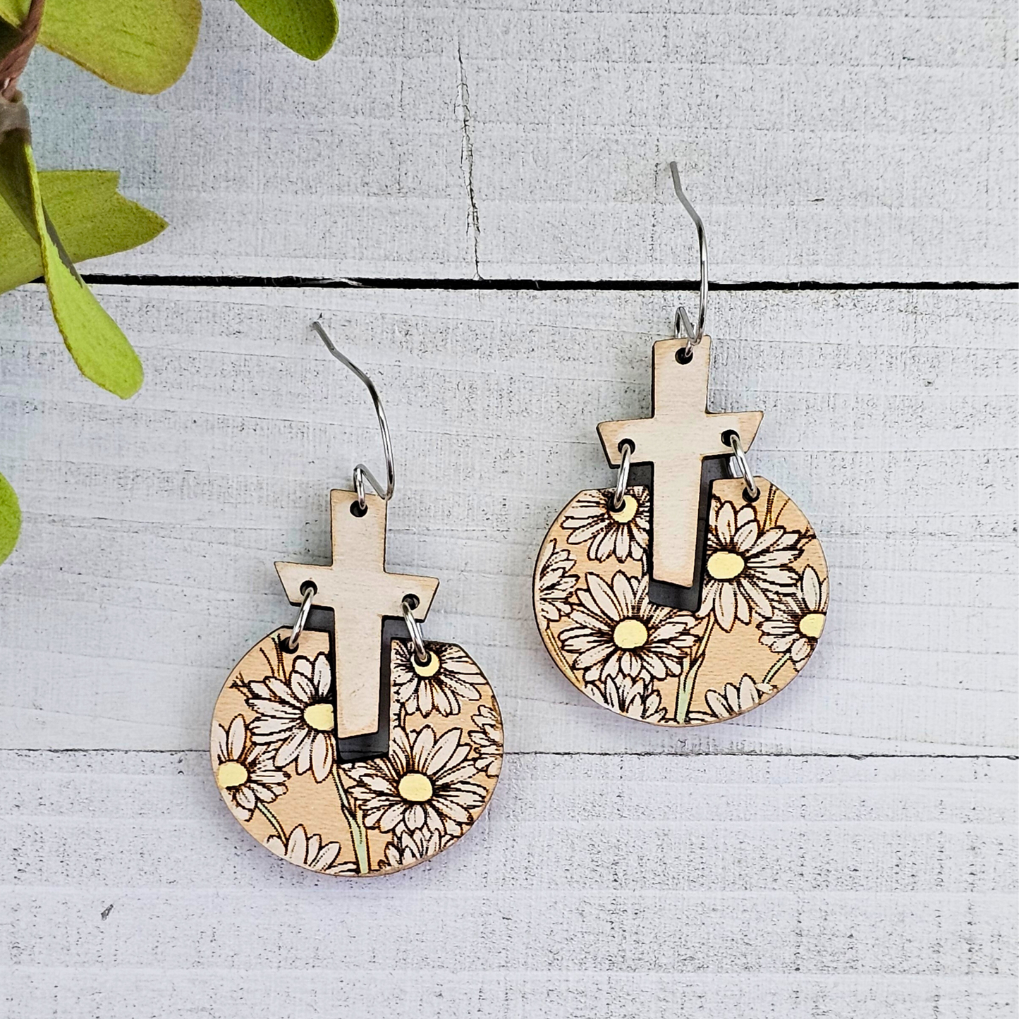 White Floral Cross Wood Earrings