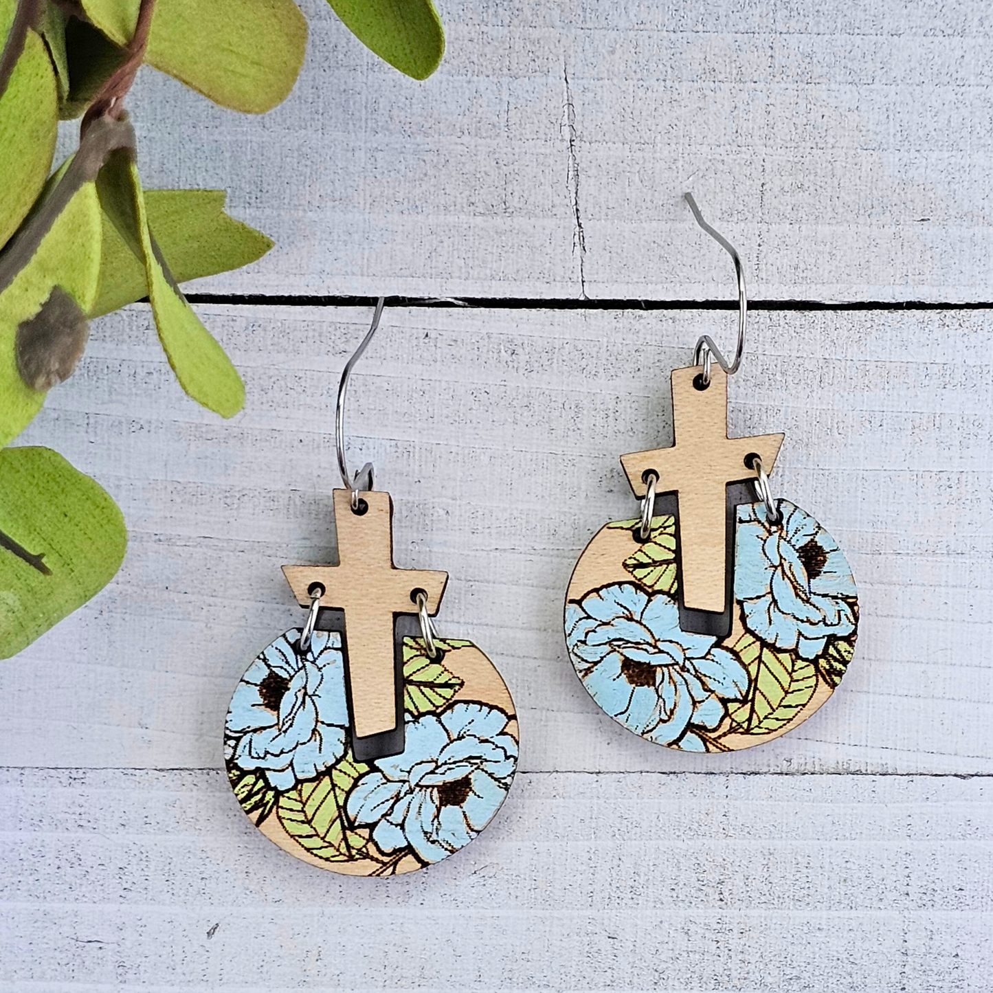 Blue Floral Cross Wood Earrings