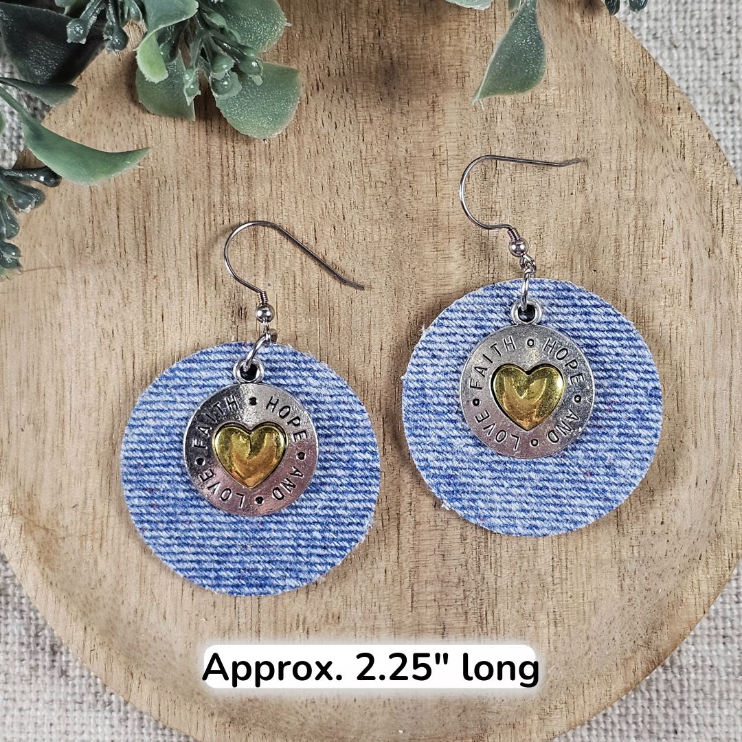 Denim Leather Faith, Hope & Love Earrings