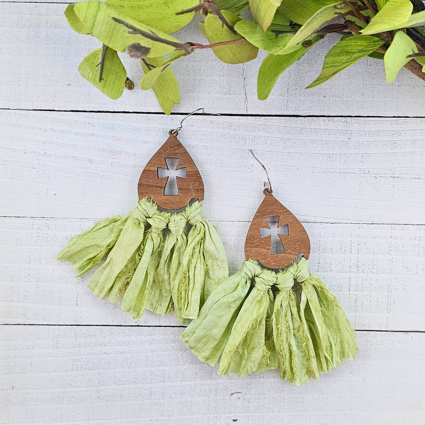 Green Ribbon Macramé Cross Earrings