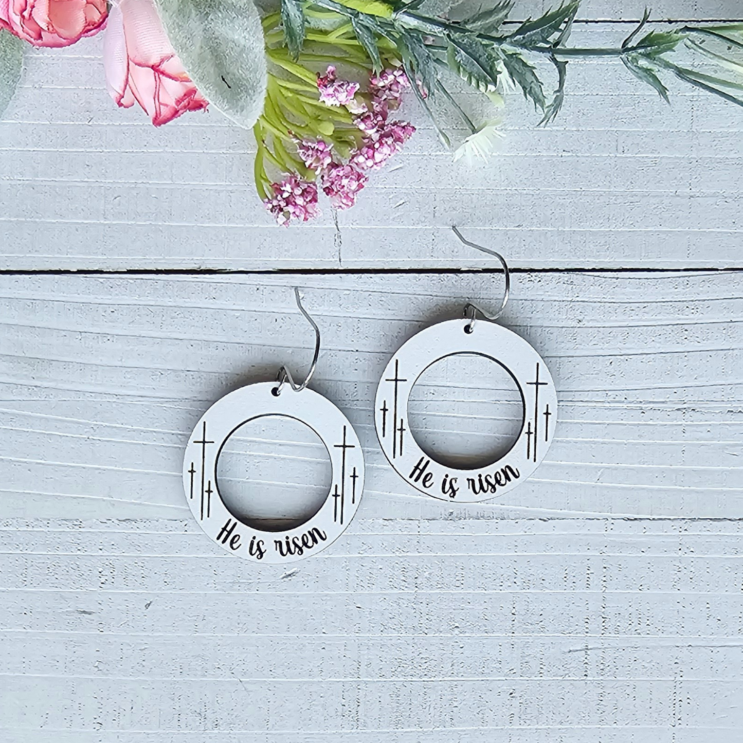 He is Risen White Wood Earrings