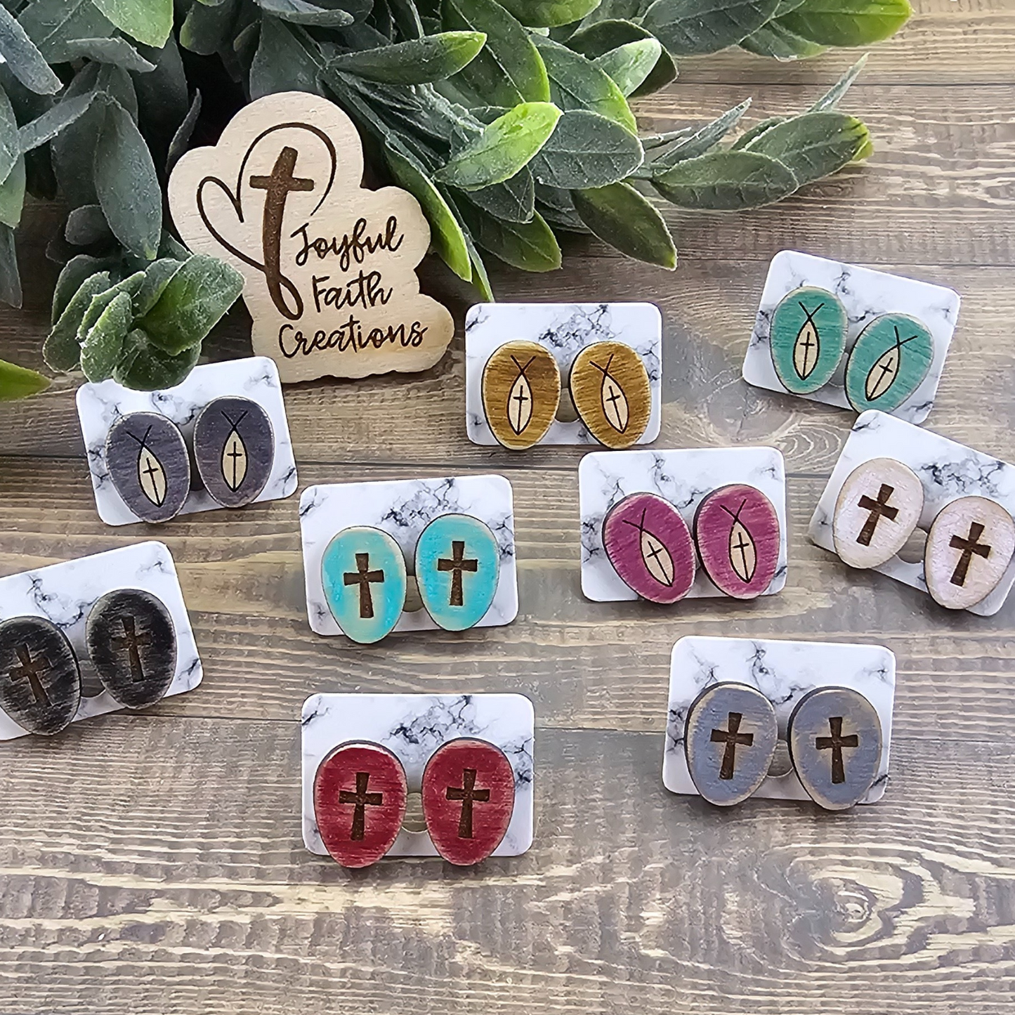 Fish and Cross Stud Earrings-Distressed Golden Brown