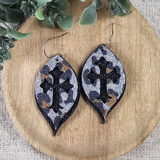 Silver Leopard Cross Earrings