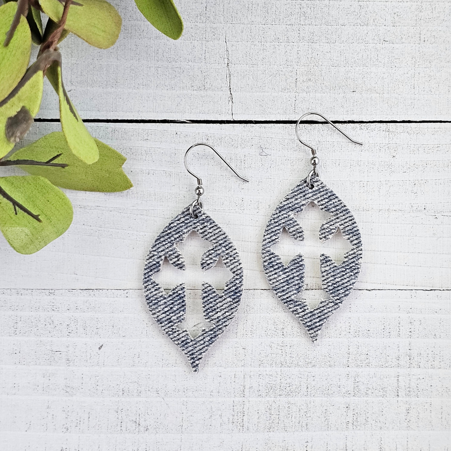 Faded Denim on Leather Cross Earrings
