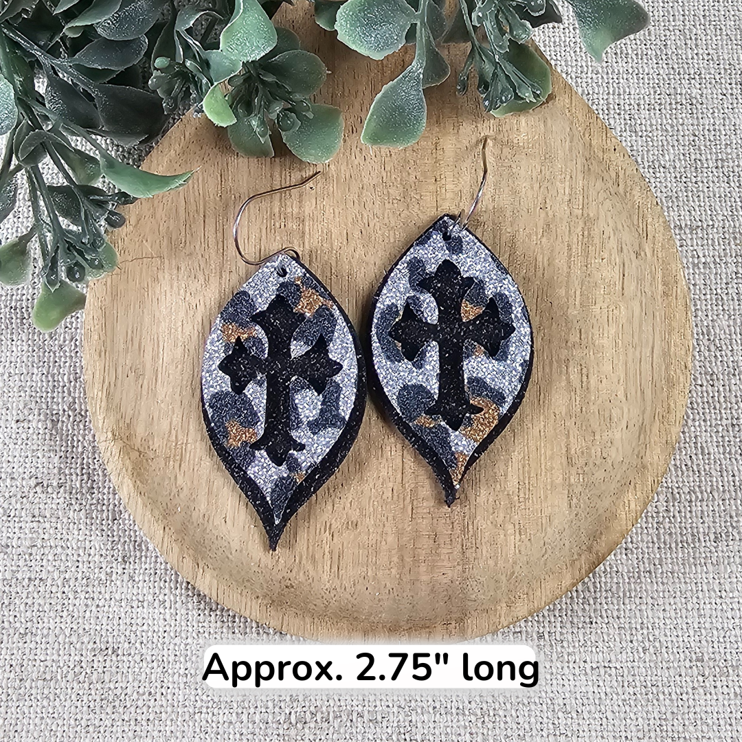 Silver Leopard Cross Earrings