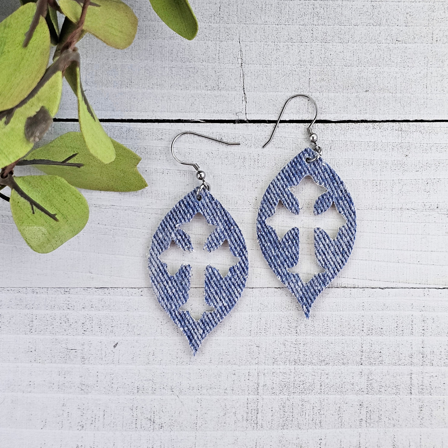Blue Denim on Leather Cross Earrings