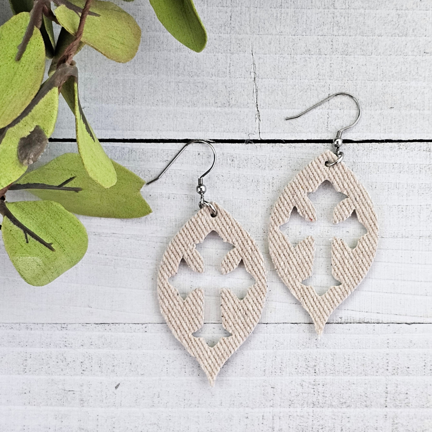 Khaki Denim on Leather Cross Earrings