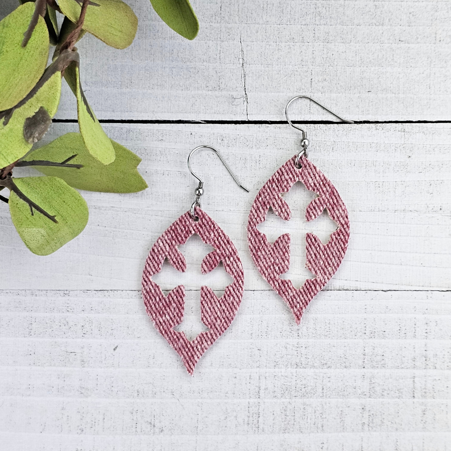 Red Denim on Leather Cross Earrings
