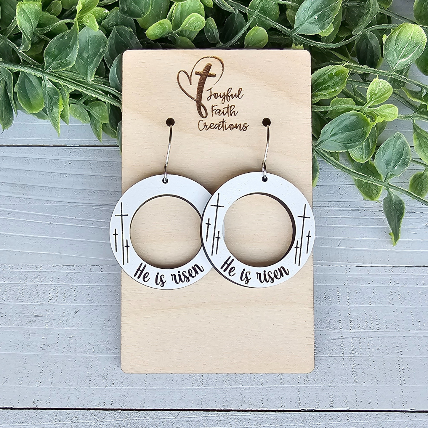 He is Risen White Wood Earrings