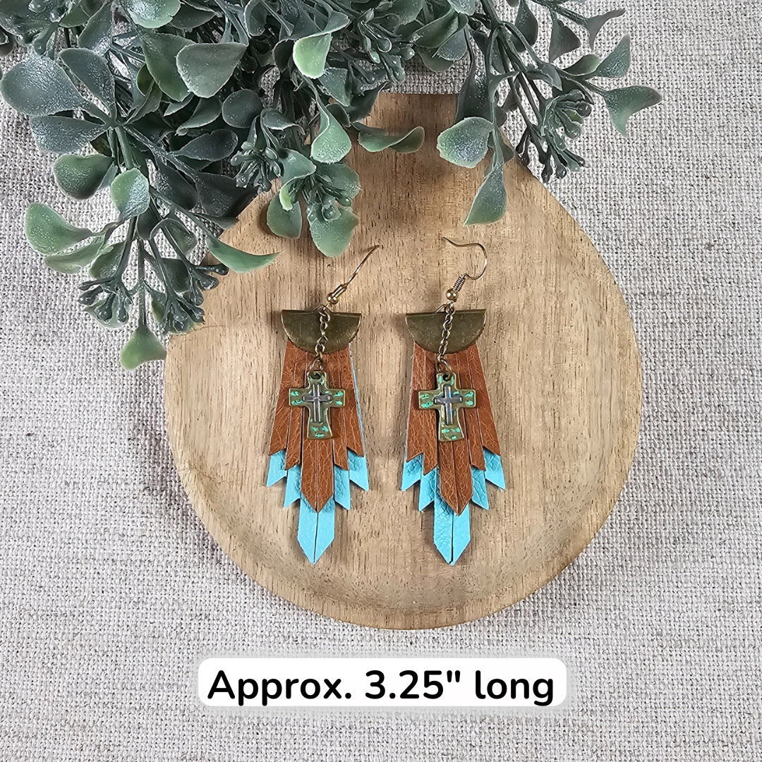 Boho Fringe Cross Earrings in Turquoise and Brown