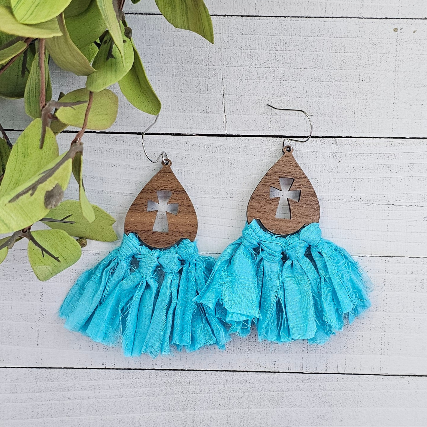 Teal Ribbon Macramé Cross Earrings