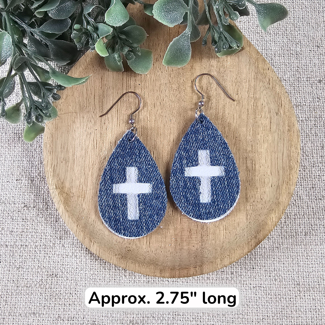 Denim and White Leather Cross Teardrops