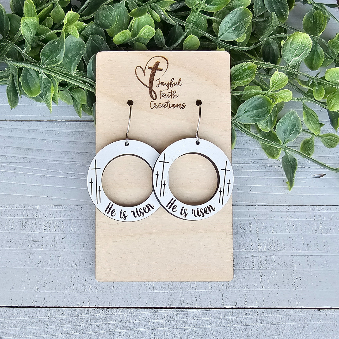 He is Risen White Wood Earrings