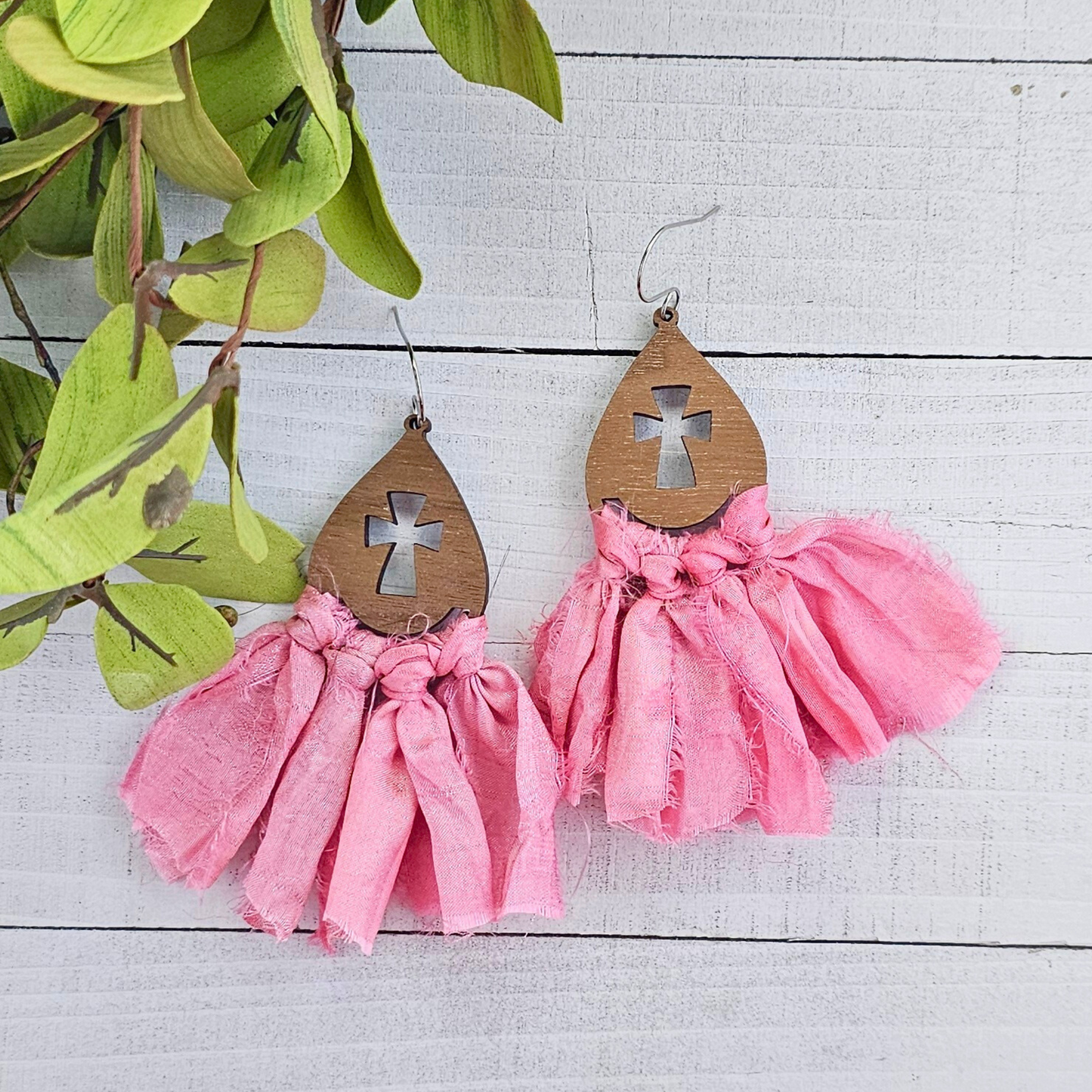 Pink Ribbon Macramé Cross Earrings