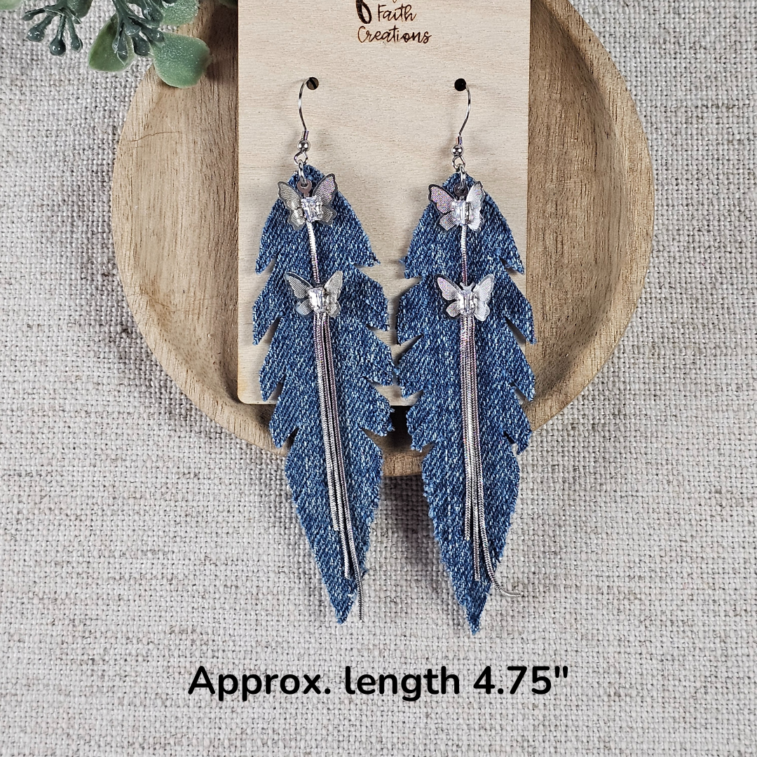 Denim Feather Earrings with Butterflies