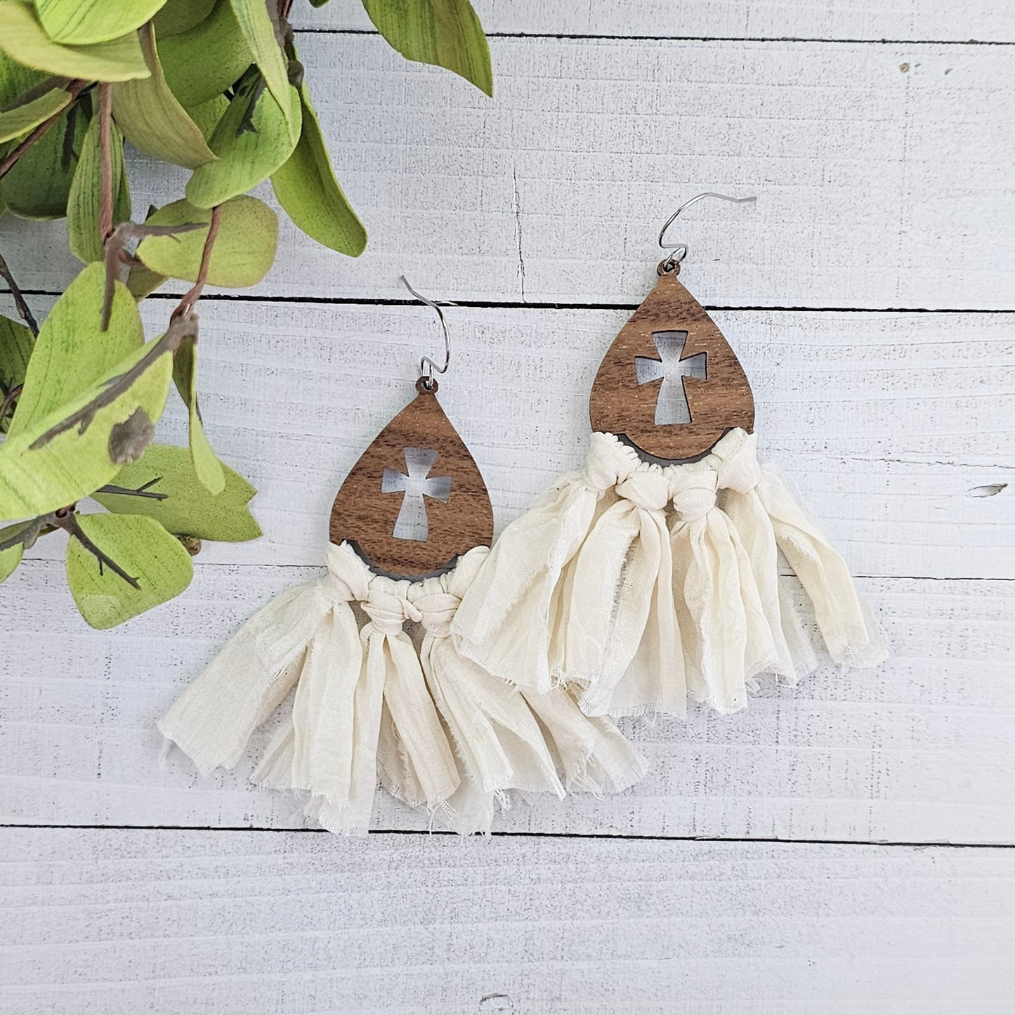 White Ribbon Macramé Cross Earrings