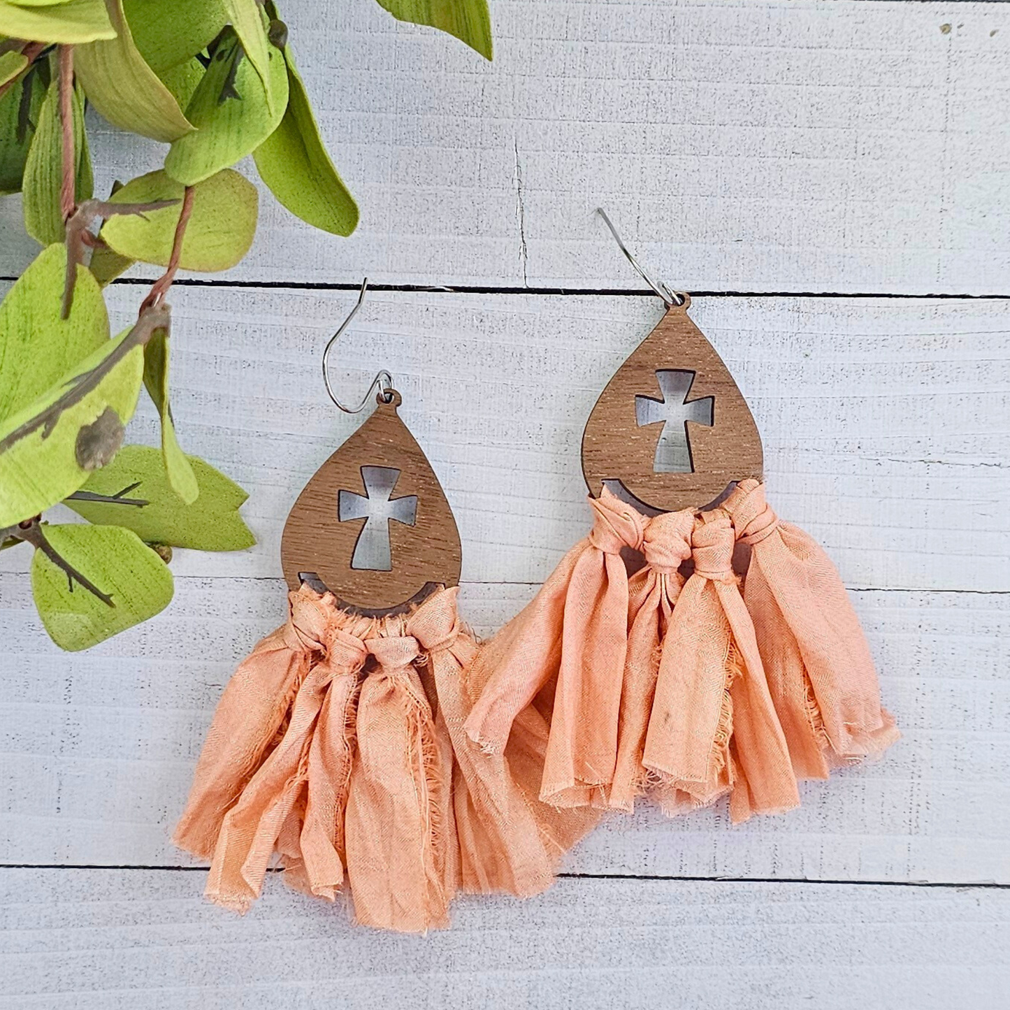 Peach Ribbon Macramé Cross Earrings