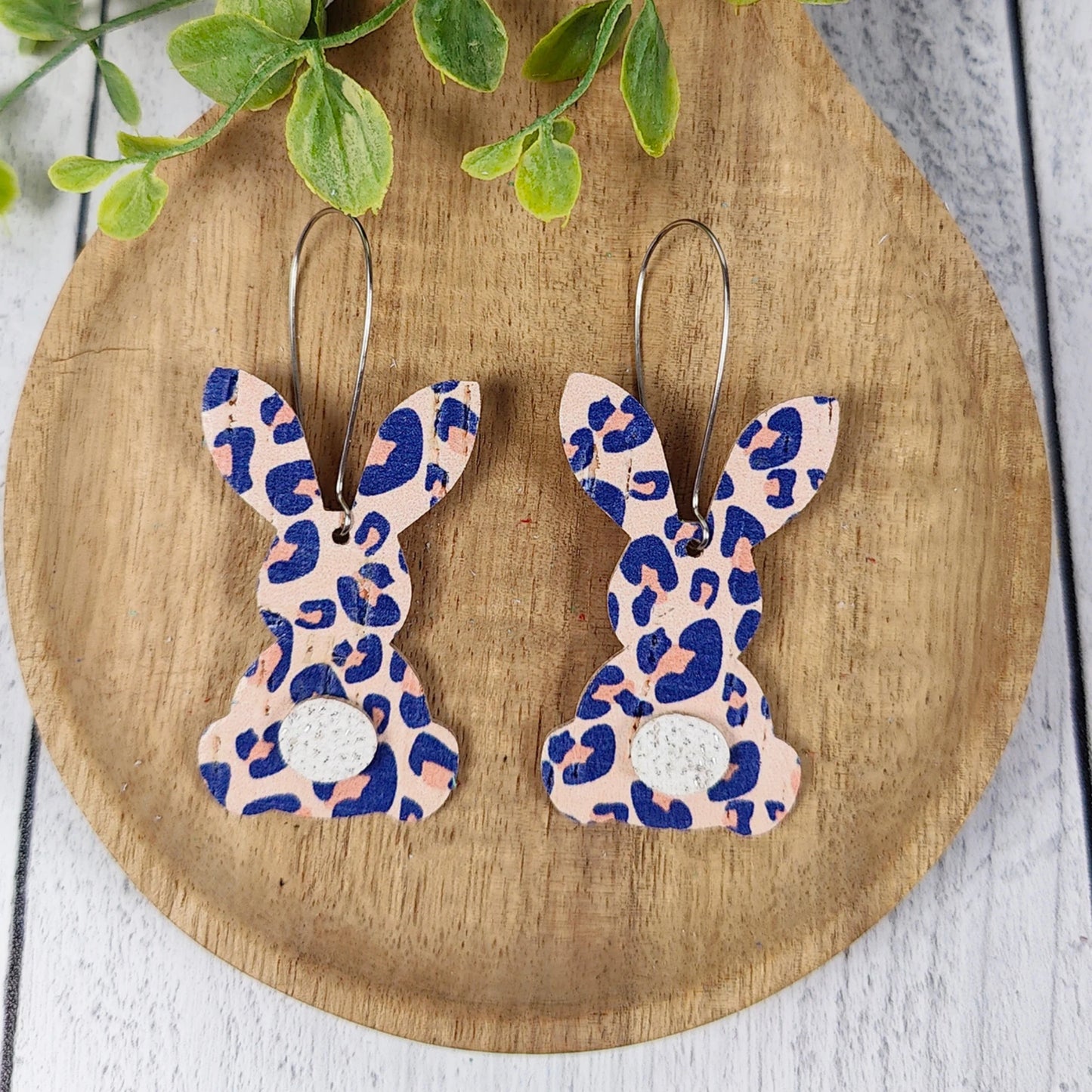 Pink and Navy Leopard Bunny Earrings
