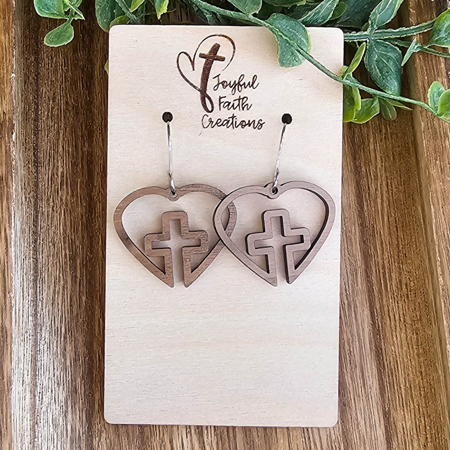 Wood Open Heart Cross Earrings