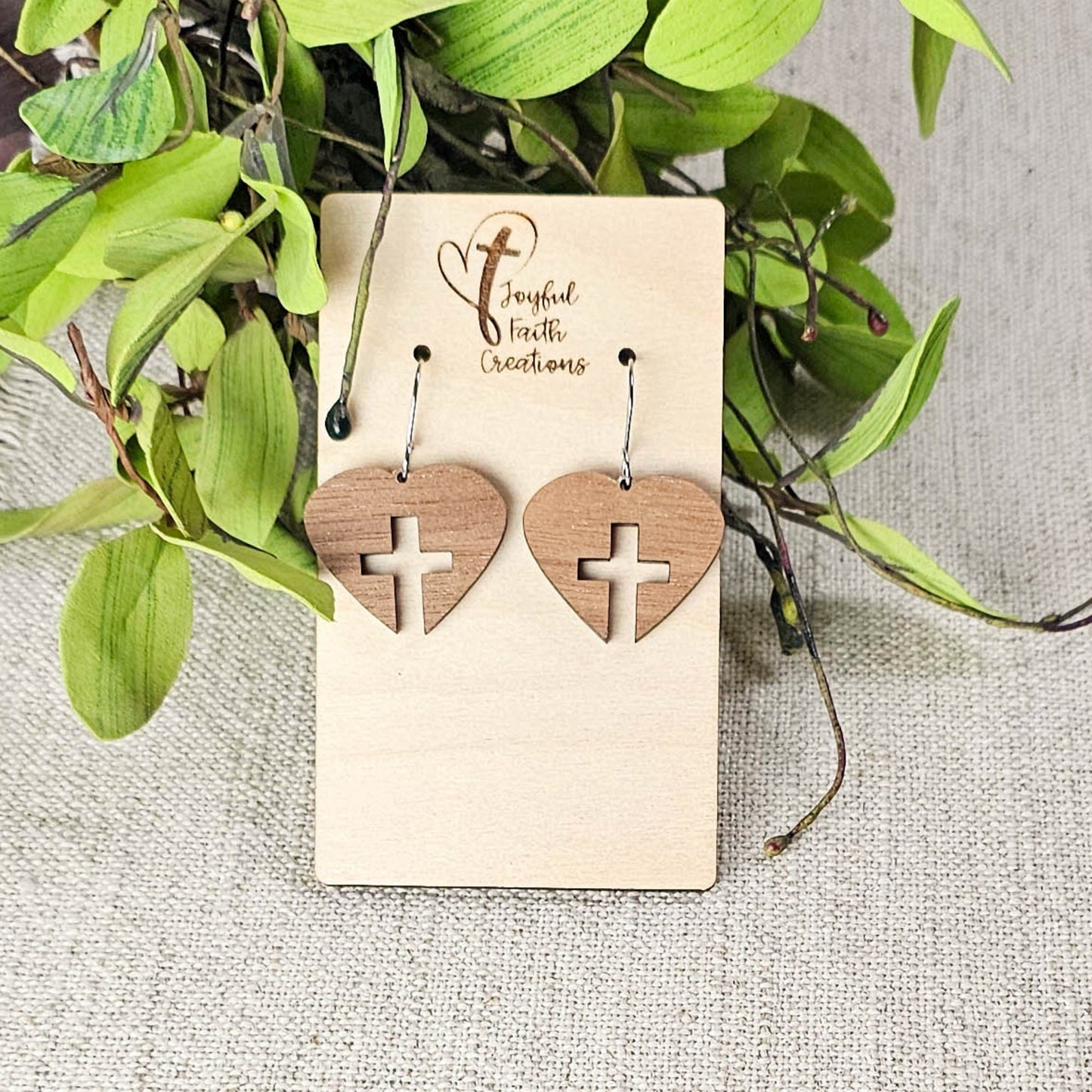 Wood Heart Cross Earrings