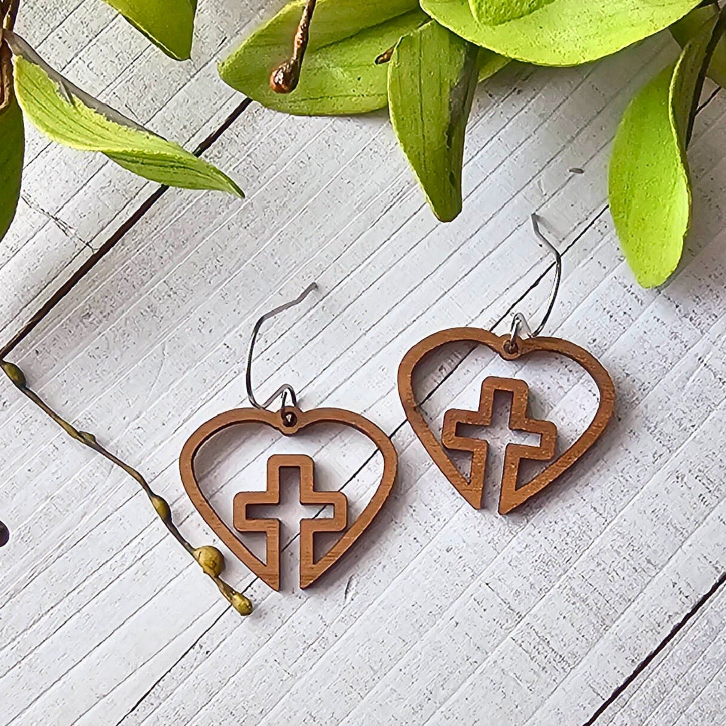 Wood Open Heart Cross Earrings