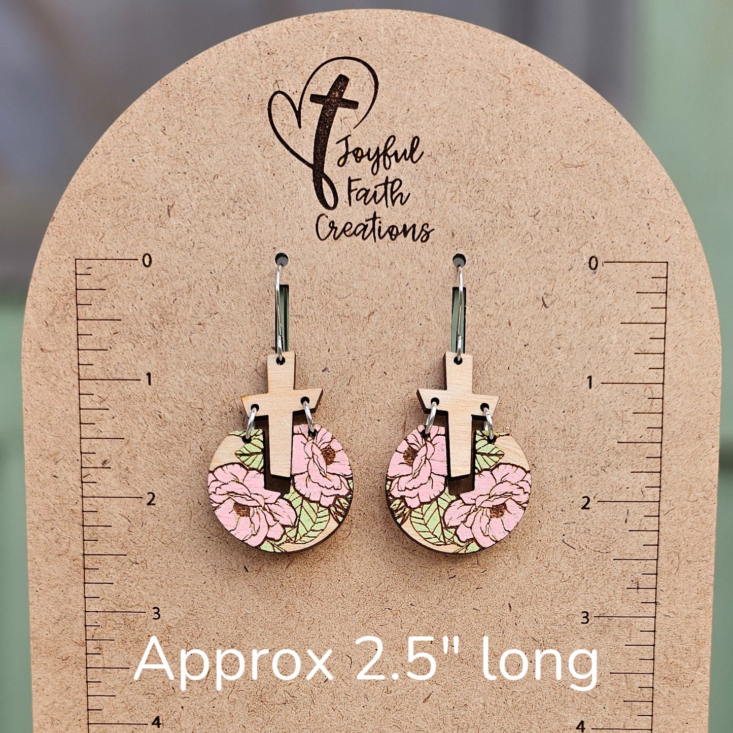 Pink Floral Cross Wood Earrings