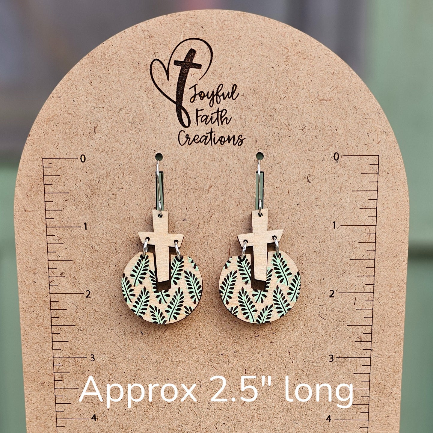 Green Floral Cross Wood Earrings