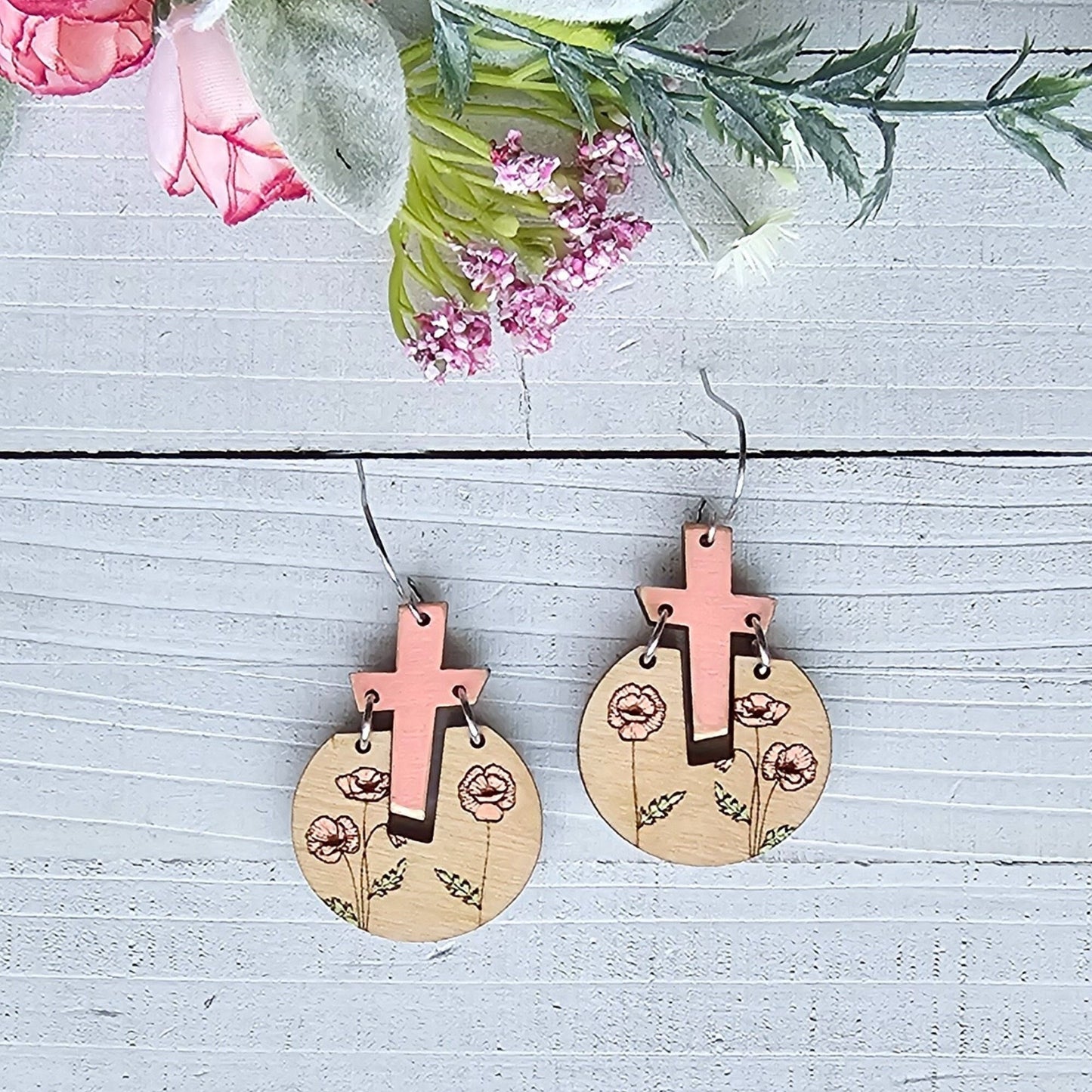pink cross earrings wood, Christian gifts for women faith, Easter earrings, birthday gifts for sister, for best friend, baptism gift for her