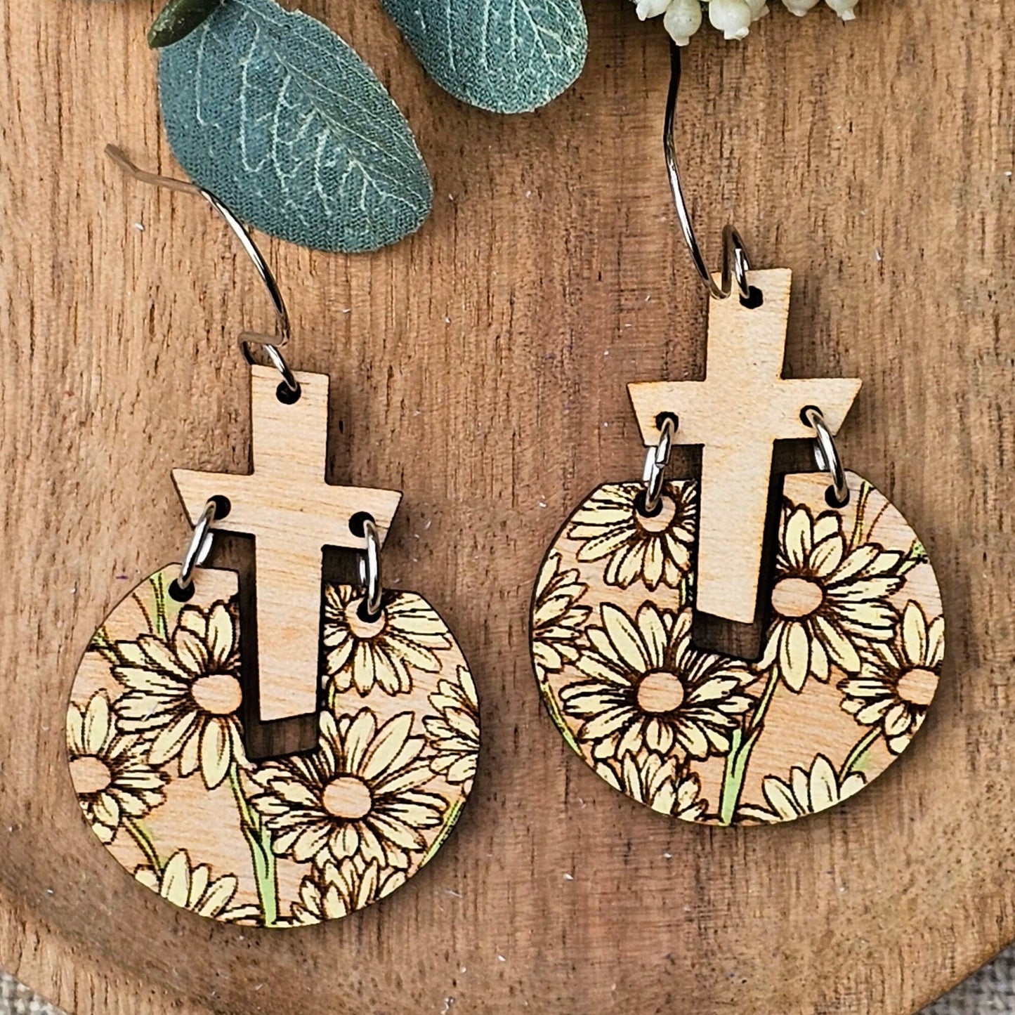white floral cross earrings wood, Christian gifts for women faith, Mothers day gift, birthday gift for sister, for best friend, baptism gift