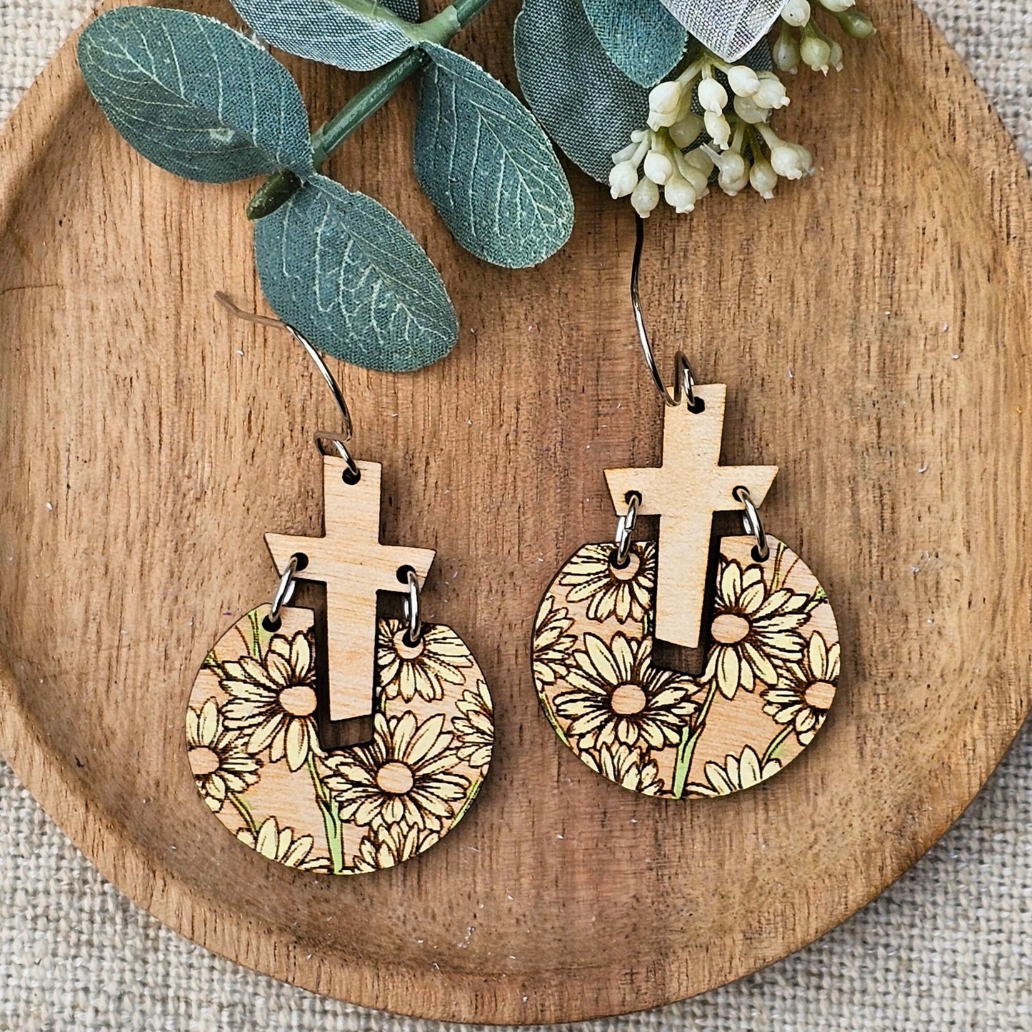 white floral cross earrings wood, Christian gifts for women faith, Mothers day gift, birthday gift for sister, for best friend, baptism gift