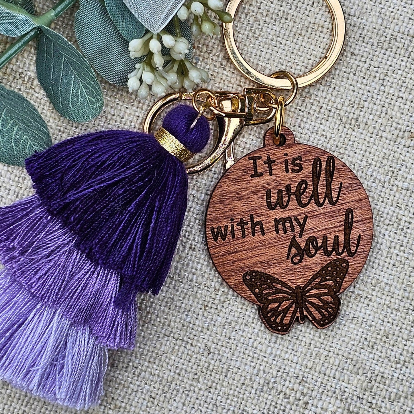 It is Well Purple Tassel Keychain