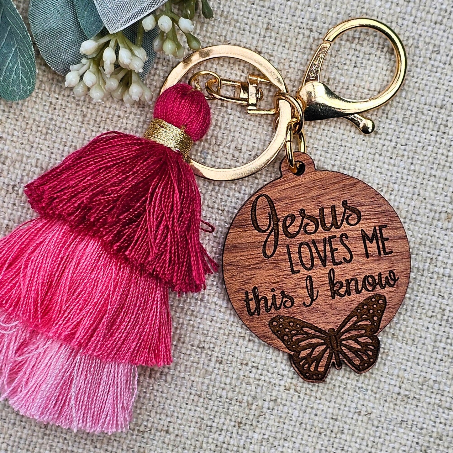Jesus Loves Me Pink Tassel Keychain