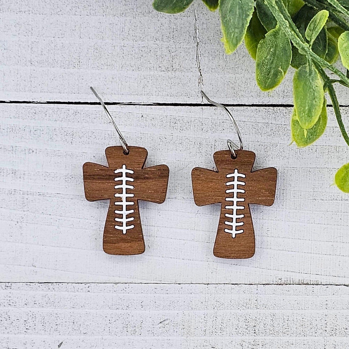 Football Cross Wood Earrings