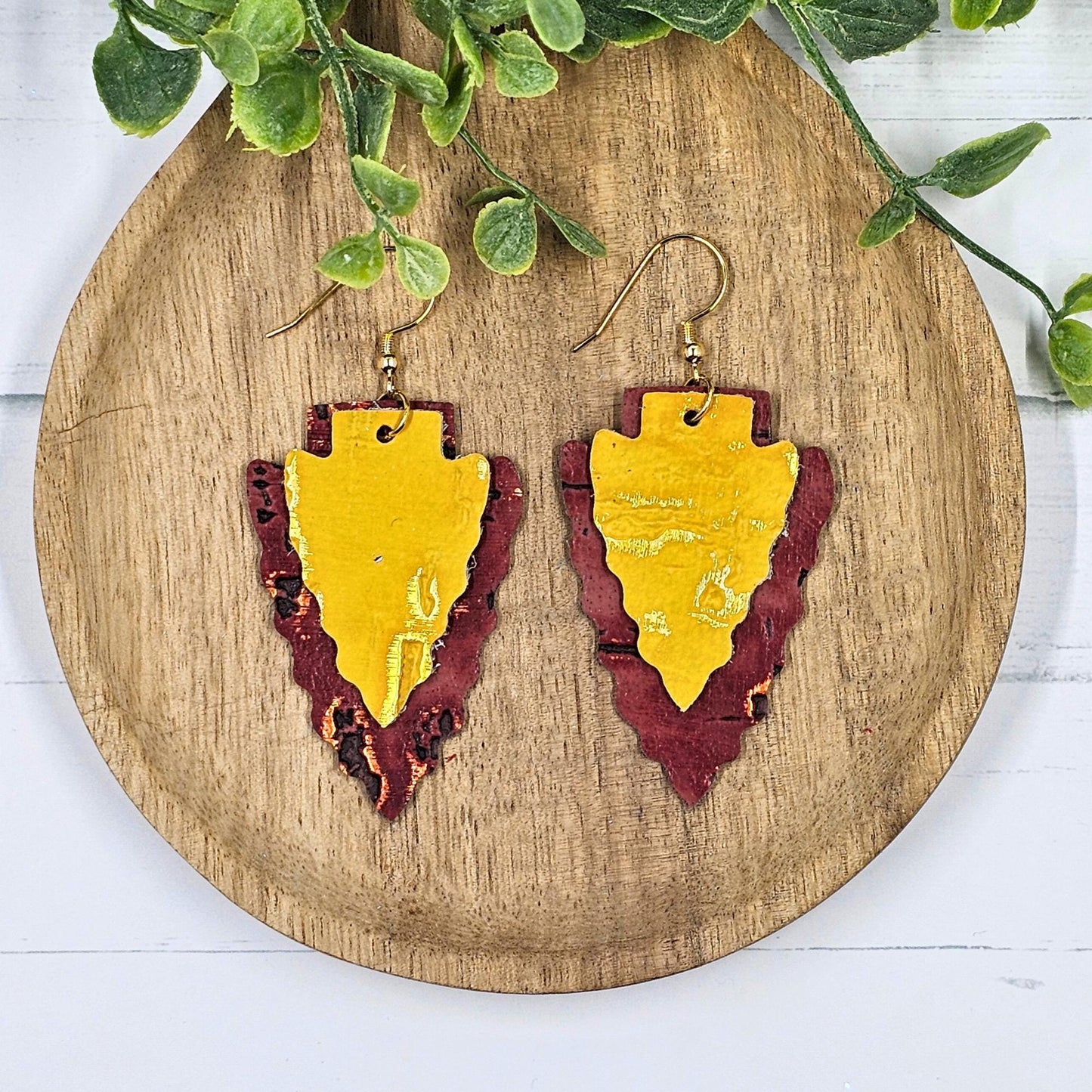 Arrowhead Leather Earrings, Red and Yellow
