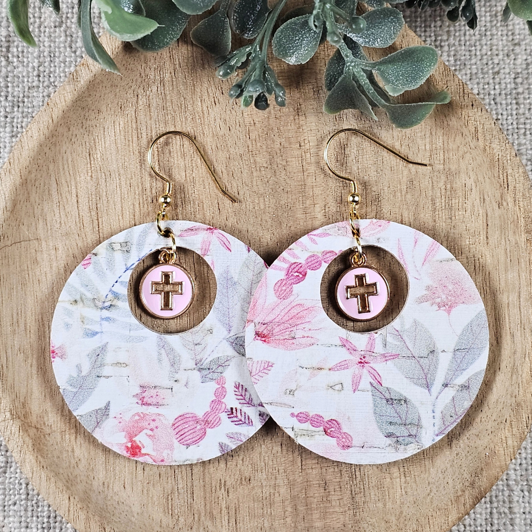 Pink Floral Hole-in-One Earrings with Cross