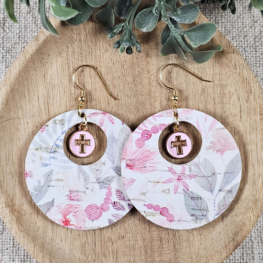 Pink Floral Hole-in-One Earrings with Cross