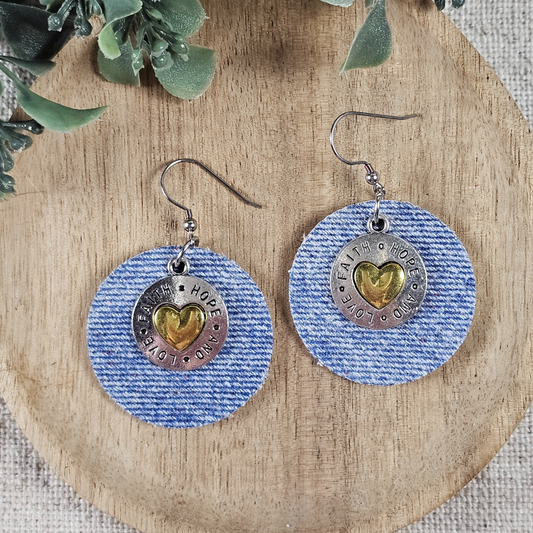 Denim Leather Faith, Hope & Love Earrings