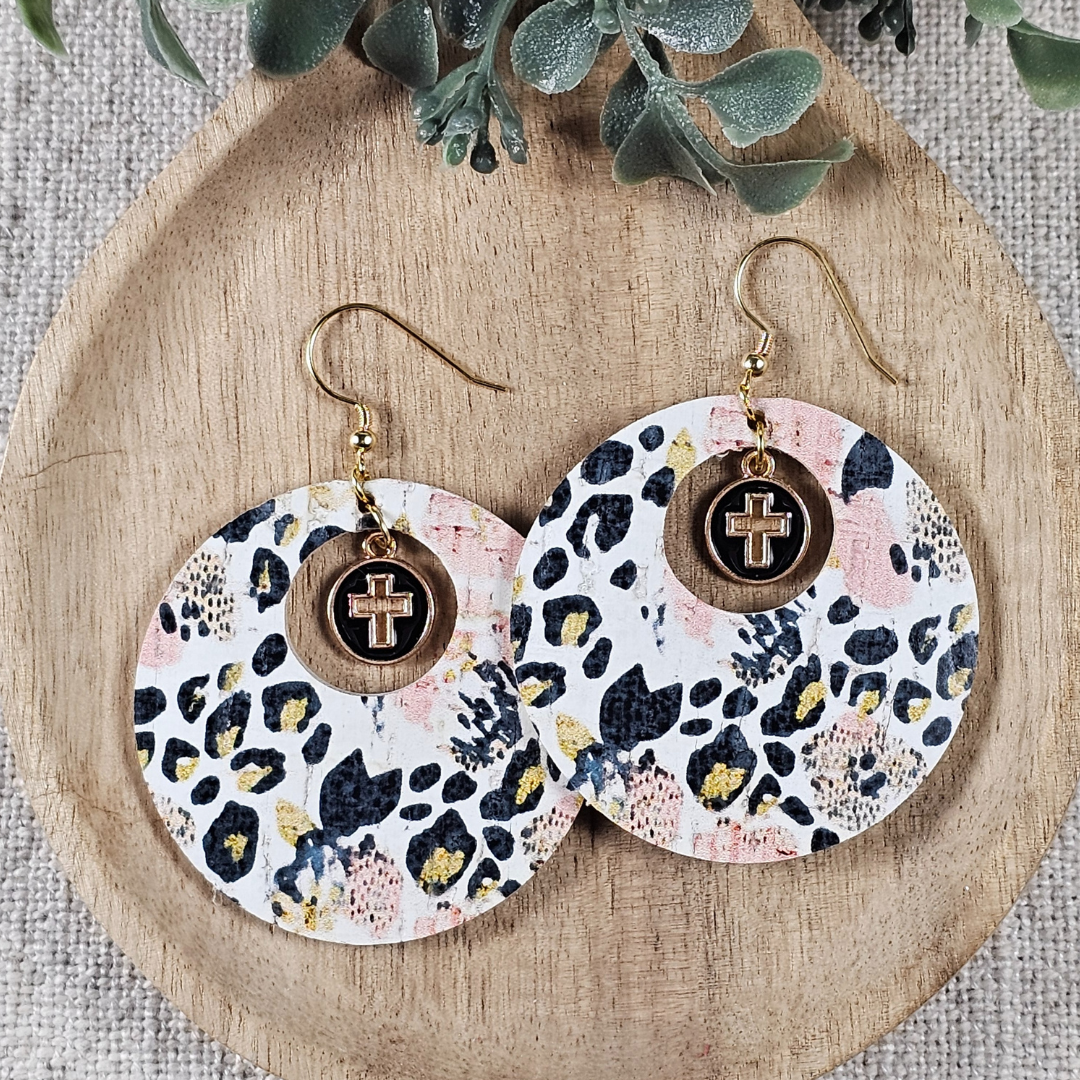 Pink and Black Leopard Print Hole-in-One Earrings with Cross