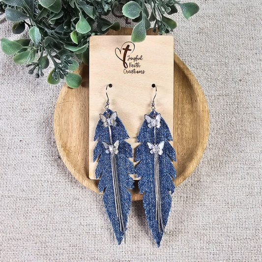 Denim Feather Earrings with Butterflies