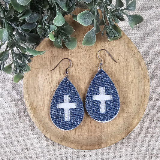 Denim and White Leather Cross Teardrops