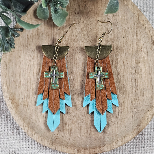 Boho Fringe Cross Earrings in Turquoise and Brown