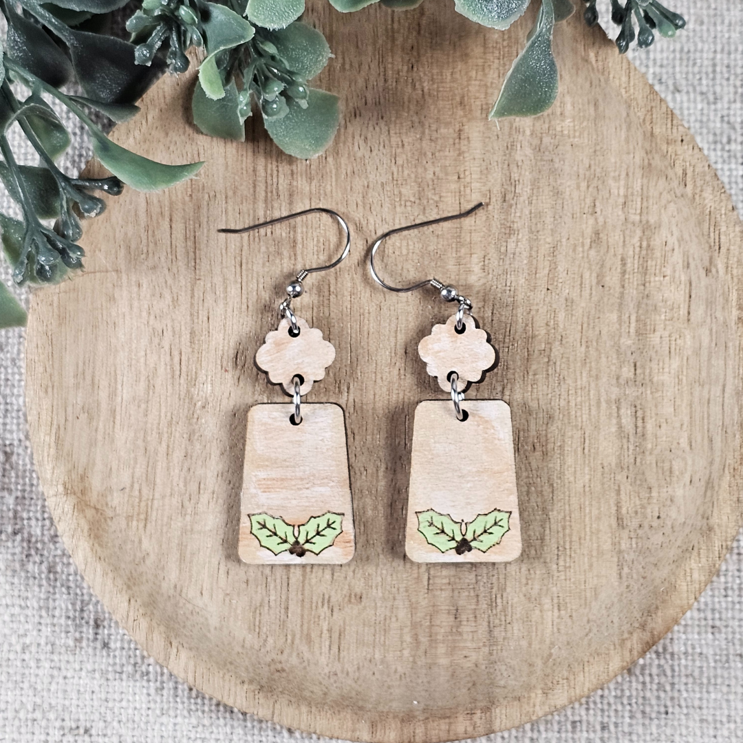 Holly Leaf Distressed Wood Earrings