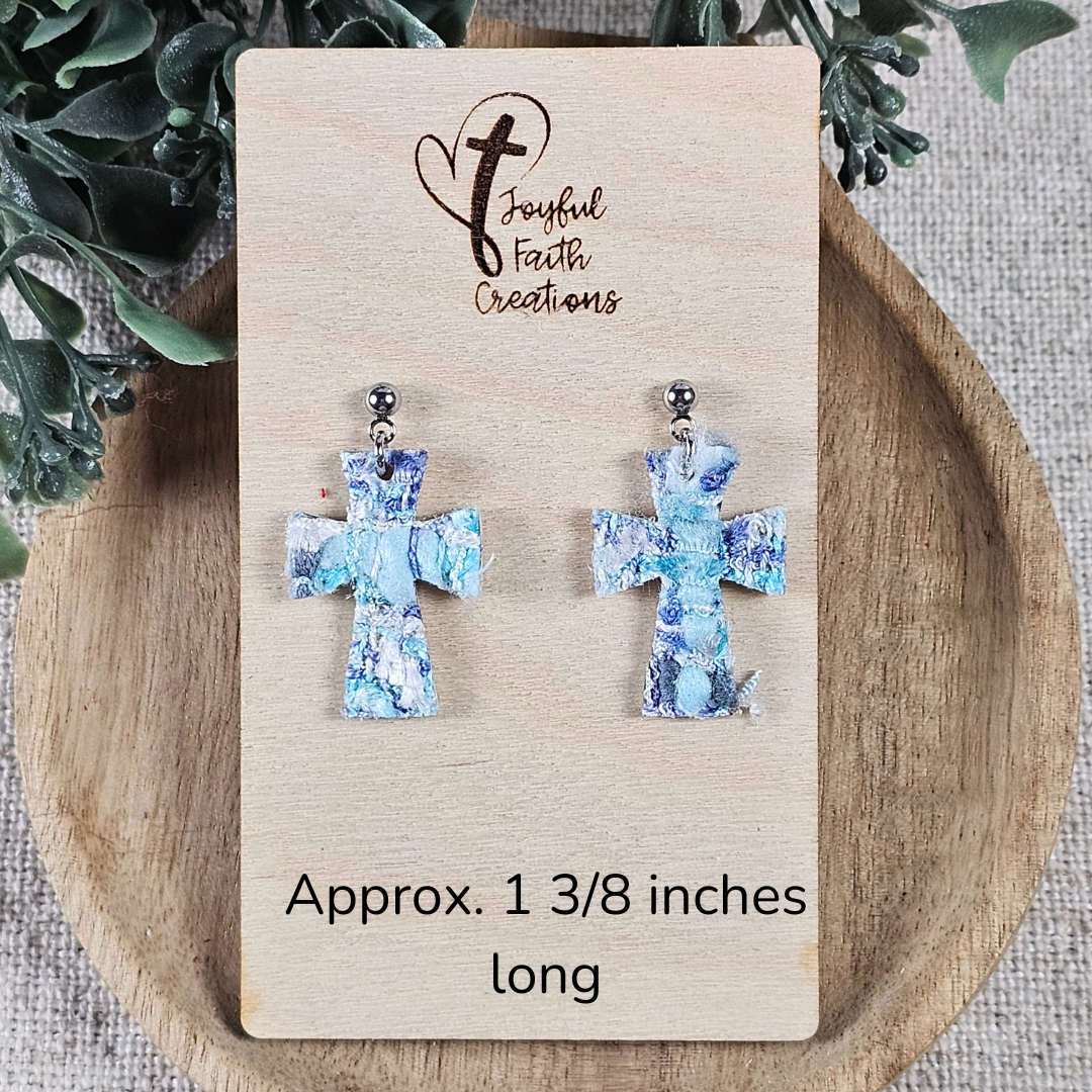 Blue and White Tweed Cross Stud Earrings