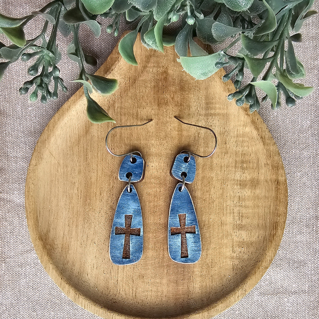 Blue Distressed Cross Earrings