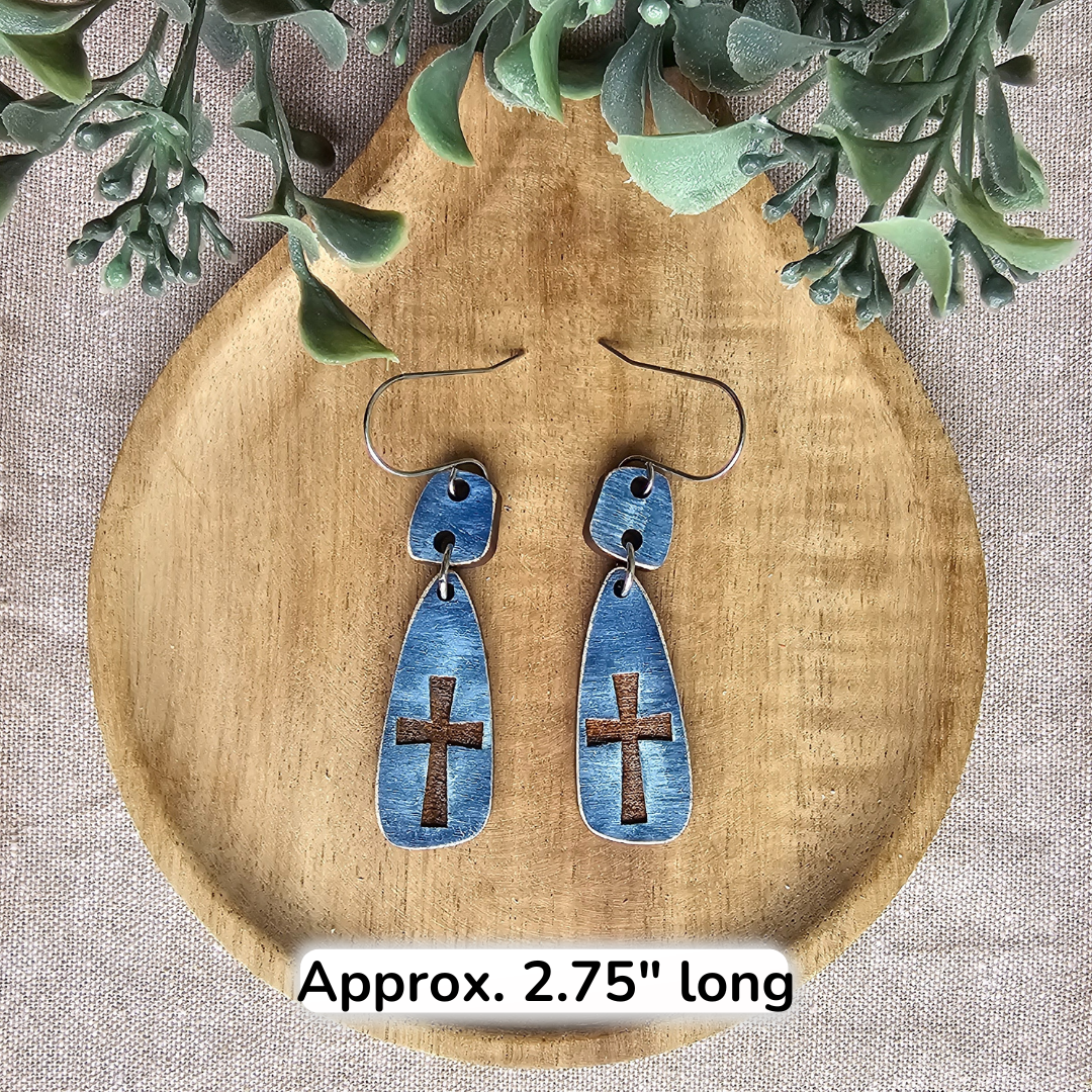 Blue Distressed Cross Earrings