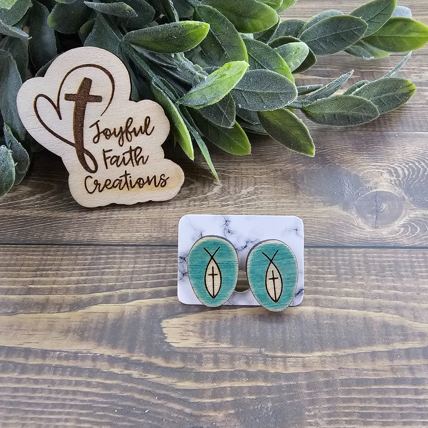 Fish and Cross Stud Earrings-Distressed Teal