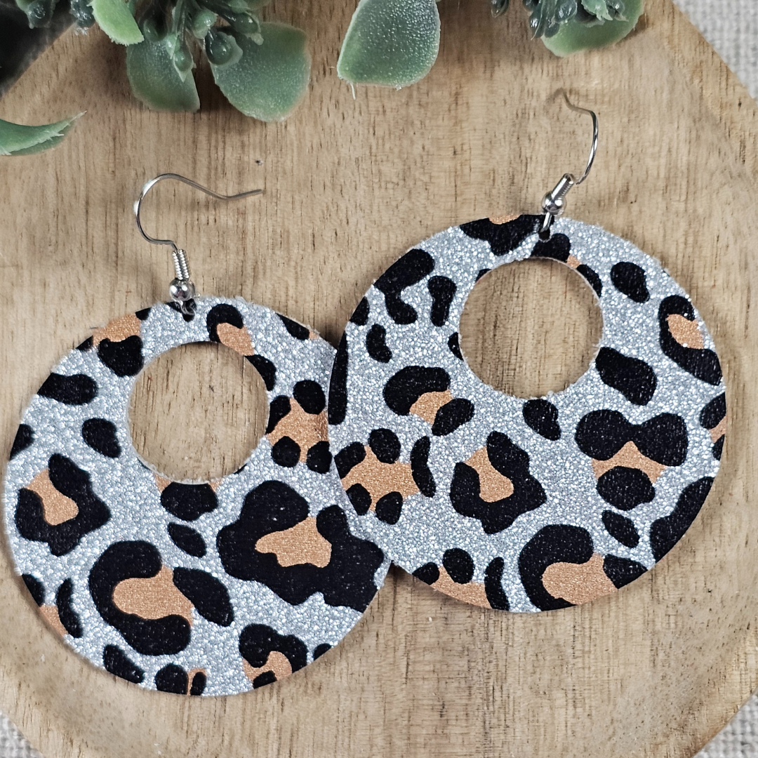 Silver Glitter Leopard Print Hole-in-One Earrings