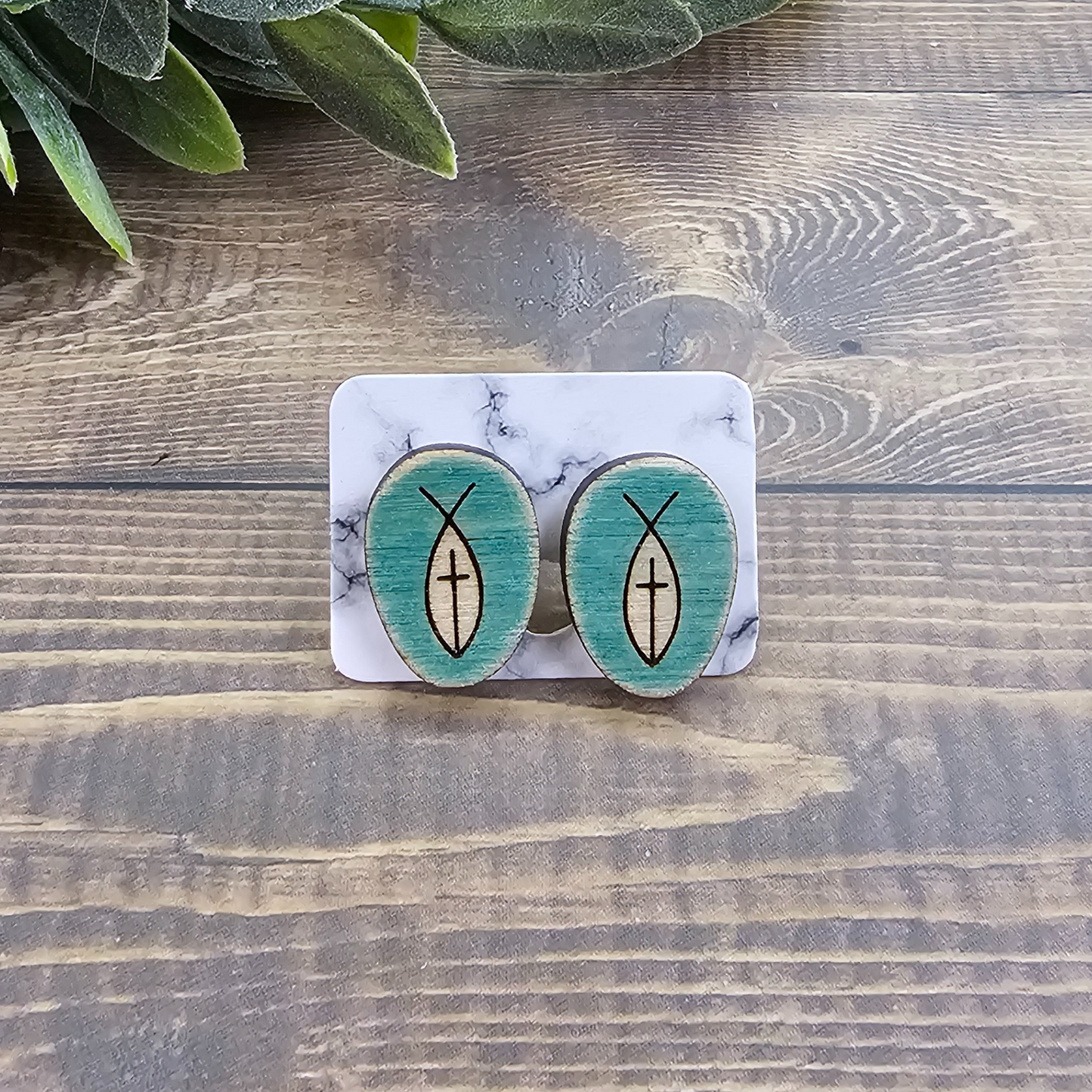 Fish and Cross Stud Earrings-Distressed Teal