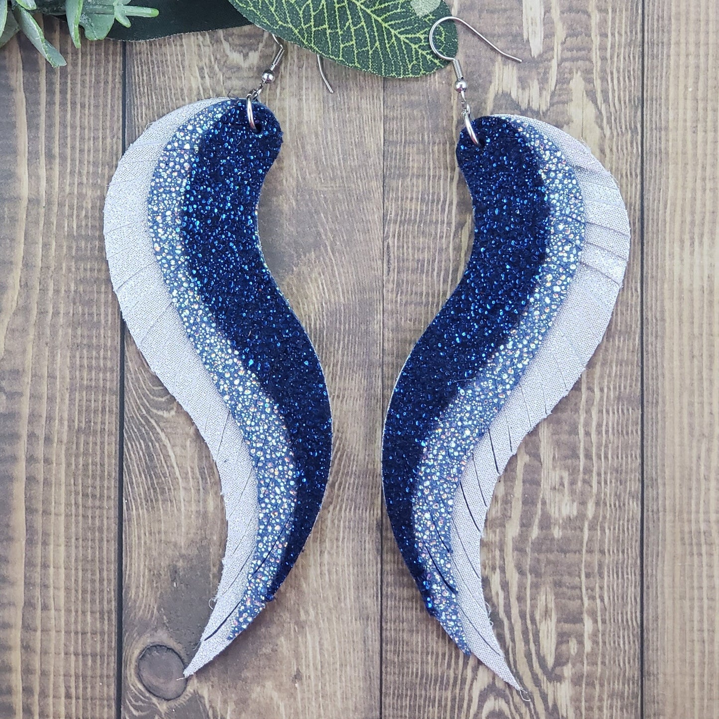 Blue and Silver Angel Wing Statement Earrings