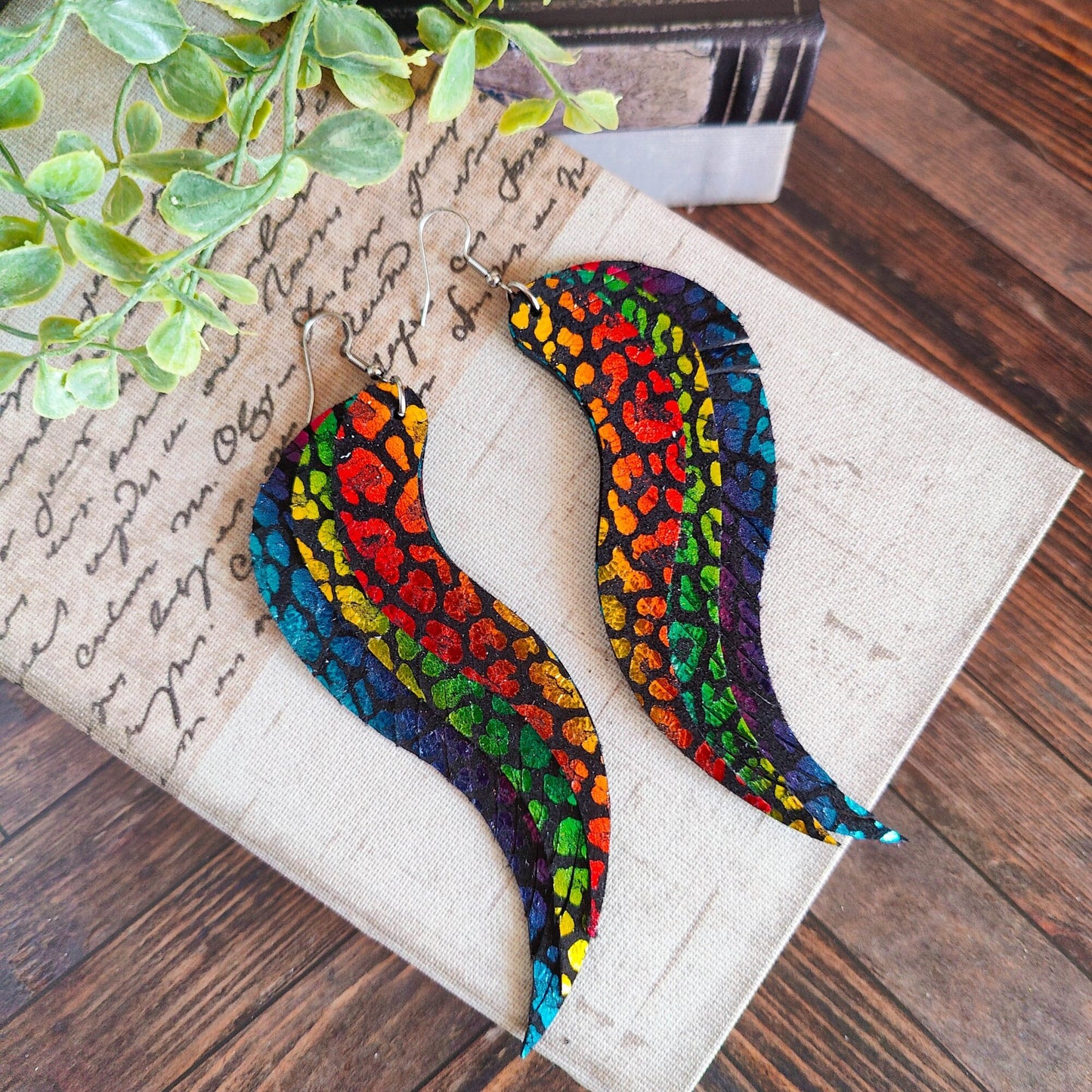 Rainbow Leopard Angel Wing Earrings